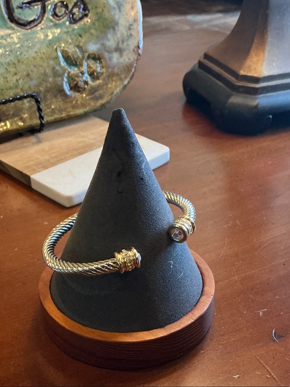 Two-Tone Twisted Cable Cuff Bracelet with Gold End Caps with AB stones